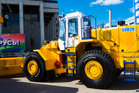Minsk, Belarus - 07.14.2020. Combines and tractors agricultural machinery exibition