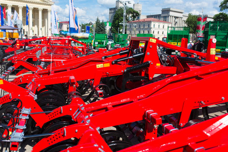 Minsk, Belarus - 07.14.2020. Combines and tractors agricultural machinery exibition