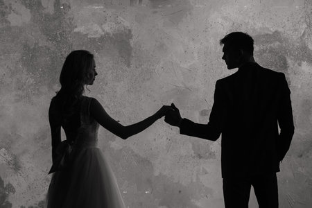 Art fashion studio photo of wedding couple silhouette groom and bride on colors background. Art...