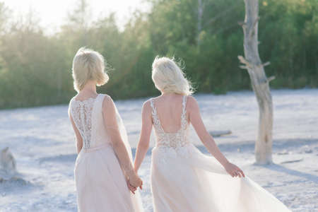Beautiful lesbian couple walking on sand along a river bank on their wedding dayの写真素材
