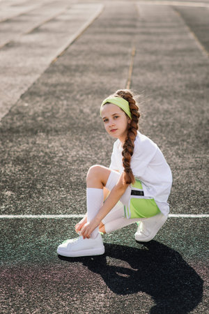 Girl jogging on a sunny summer evening, laying on treadmill, stadium, physical training, back to...