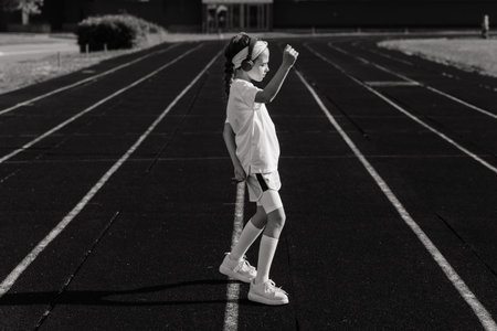 Girl jogging on a sunny summer evening, laying on treadmill, stadium, physical training, back to...