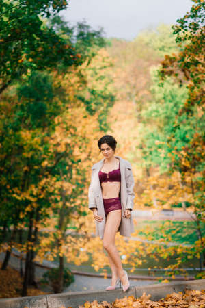 Young beautiful dark-haired woman with a slender figure posing in lingerie and a classic coat in an autumn parkの写真素材