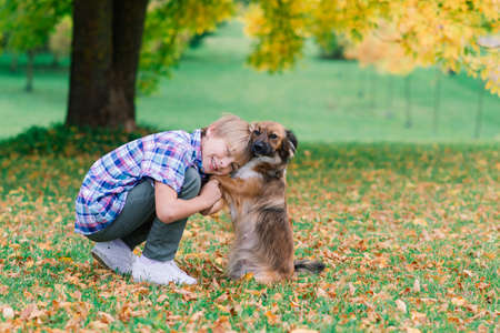 Cute boy playing and walking with his dog in the meadow.の写真素材