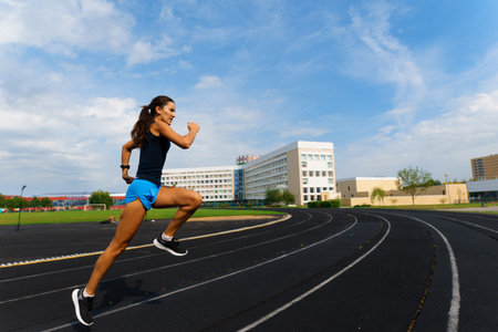 Healthy young woman warming up stretching her arms in the stadium outdoor, jogging session in park.