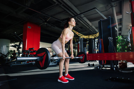 Athletic girl in sportswear performs exercises with a barbell, dumbbells. Fitness, workout, healthy lifestyleの写真素材