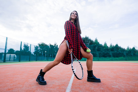 Beautiful stylish sexy woman in a black trendy sportswear on tennis court.の写真素材