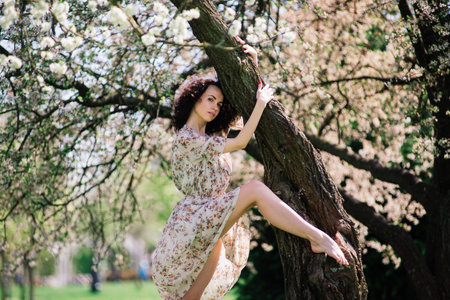 Young attractive woman with curly long hair posing in spring blooming gardenの写真素材