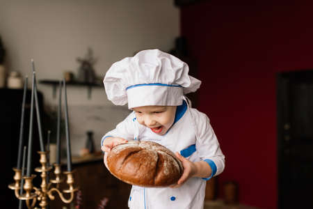 Little cute cook with cutlery sitting on kitchen, twin brothers, tangerine, bagelsの写真素材