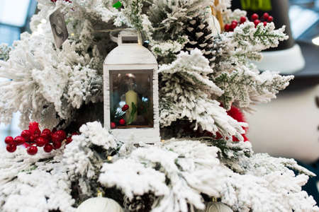 Minsk, Belarus - 13.12.2020. Handmade christmas toys, fir tree santa claus snowman holidayのeditorial素材