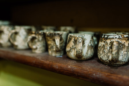 Minsk, Belarus - 01.23.2021. Handmade pottery jug. Raw handicraft clay brown tableware, earthenware jug before firing in pottery workshop. Ceramics product concept.のeditorial素材