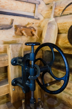 Minsk, Belarus - 01.23.2021. Ancient interior of a rural house in ethnographic park. Old stoveのeditorial素材