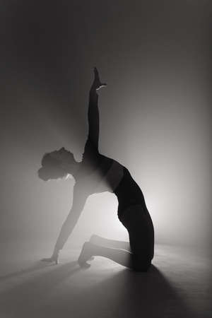 Professional ballerina dancing ballet in spotlights smoke on big stage. Beautiful young female wearing black bodysuit on floodlights background.の写真素材