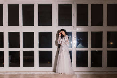 Minsk, Belarus - 11.26.2020. Bride on the background of new year lights, christmas interiorのeditorial素材