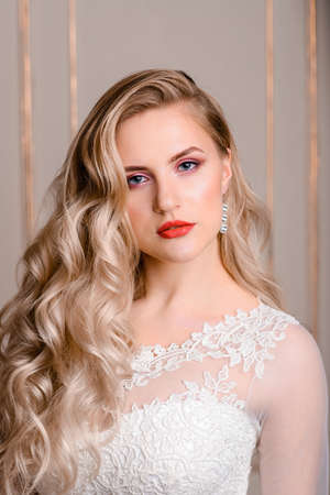 Minsk, Belarus - 11.26.2020. Bride on the background of new year lights, christmas interiorのeditorial素材