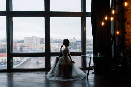 Minsk, Belarus - 03.05.2020. The bride is a European-looking brunette. Single portrait. Wedding makeup and hairstyle. Model. Morning of the bride. Boudoir at the hotel.のeditorial素材