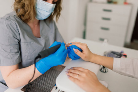 Female manicure master in beauty salon work with hands of the client