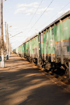 Minsk, Belarus - 04.29.2020. Fright old train detail on rails, vintage, retroのeditorial素材
