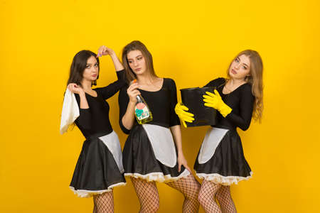 Beautiful sexy women in maid clothes posing in studioの写真素材