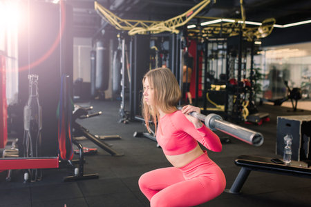 Beautiful muscular fit blonde woman exercising, building muscles in gymの写真素材