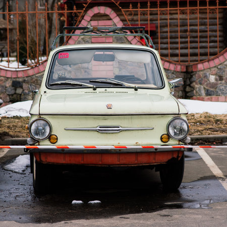 Minsk, Belarus - 02.22.2021. Old Soviet retro vintage car in open air. Row of auto of the Soviet era.のeditorial素材
