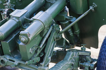 View of the russian cannons and howitzers in park. Military museum outdoors