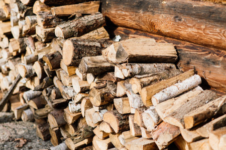 Woodpile of birch firewood, close up, background Texture