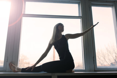 Young attractive smiling woman practicing yoga, working out, wearing sportswear, bra, home trainingの写真素材