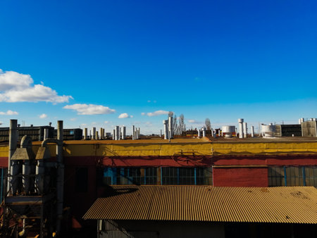 Row of old car parking garages with red doors, aerialの写真素材