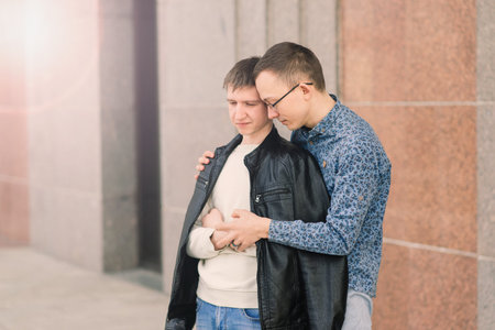 Romantic gay couple at the city, homosexual love