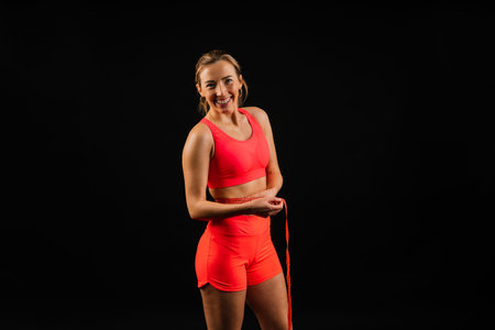 Fitness woman with tape measure showing her waist on a studio backgroundの写真素材