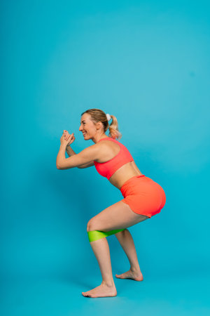 Self determined bodybuilder does exercises with rubber band, work on hands and legs. Sport concept.の写真素材
