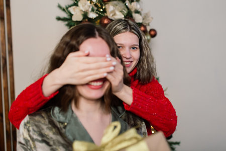 Lesbian couple together indoors cheerfully communicate, preparing for the celebration of Christmas.の写真素材