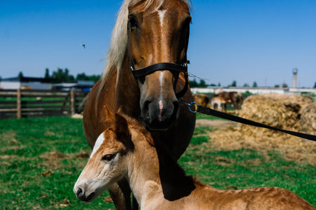 Horse mare and her very small foal in a farm