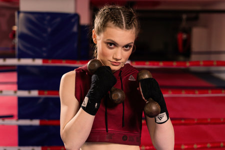 Minsk, Belarus - 06.25.202+. Female boxer at gym working out. Sport and health conceptのeditorial素材