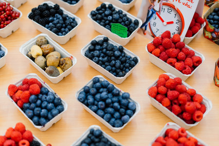 Blueberries and raspberries in box containers at farmers marketの写真素材
