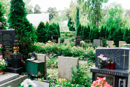 Prague, Czech - 11.22.2021. 
 Flowers on graves, autumn on a cemetery, Prague, Czech Republic, sunny dayのeditorial素材