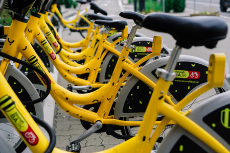 Bratislava, Slovakia - 11.29.2021. Bicycles parked in row at rent a bike shop in a park. selective...