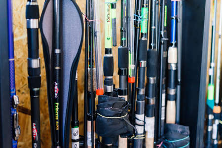 Bratislava, Slovakia - 06.16.2021. 
 Fishing gear inertial reel counter in the fishing store. Shallow depth of fieldのeditorial素材