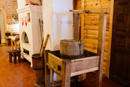 Bratislava, Slovakia - 02.24.2021. Ancient interior of a rural house in ethnographic park. Old stoveのeditorial素材
