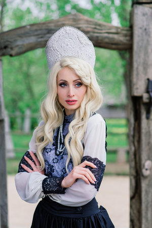 Bratislava, Slovakia - 09.05.2021. Stylish russian female in traditional national folk dress...