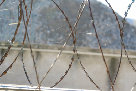 Barbered wire over a blue sky and on building ground, rusty