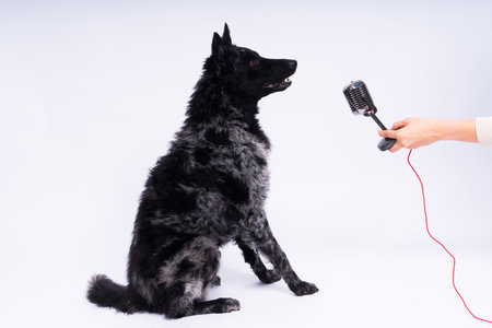 Mudi dog with microphone on white studio backgroundの写真素材