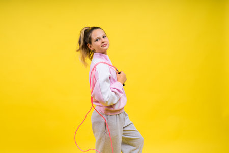 Adorable female child with skipping rope jumping in studioの写真素材