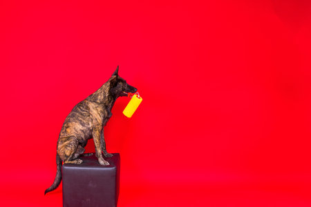 Dog dutch shepherd playing with paint roller in red room. Renovation conceptの写真素材