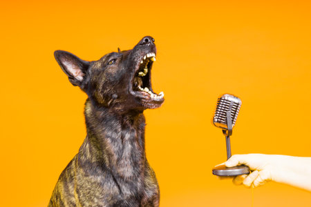 Cute singing dog Dutch shepherd in a studio red yellow backgroundの写真素材