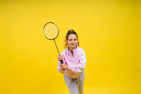 Full length studio photo of ten year old girl holding badminton racket and isolated on yellow.の写真素材