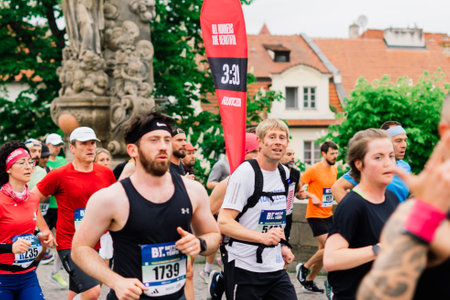 Prague, Czechia - 7th May 2023 - Marathon race, in which marathon participants cross finish lineのeditorial素材
