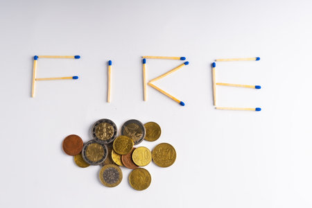 Word FIRE from woodfire matches with euro money coins and calculator