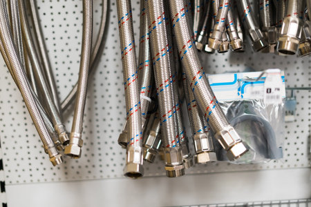 Closed up braided stainless steel texture of flexible hose arranged in a row against white wall.の写真素材